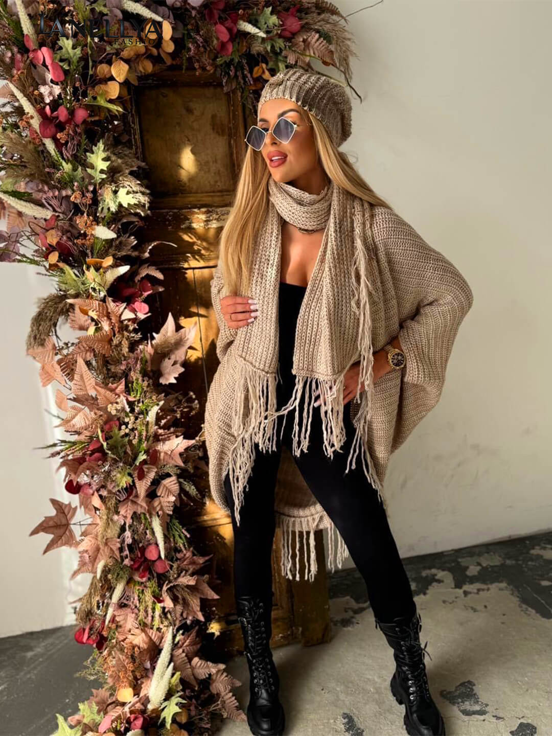 Paparazzi Strickset Damen mit Fransen Schal stylischer Look