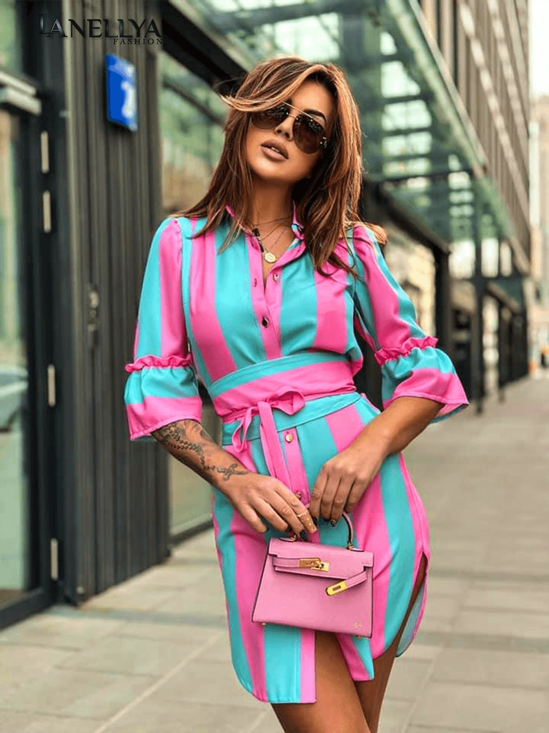 Pinacollada Streifenkleid Damen – figurbetont mit Gürtel in der Taille