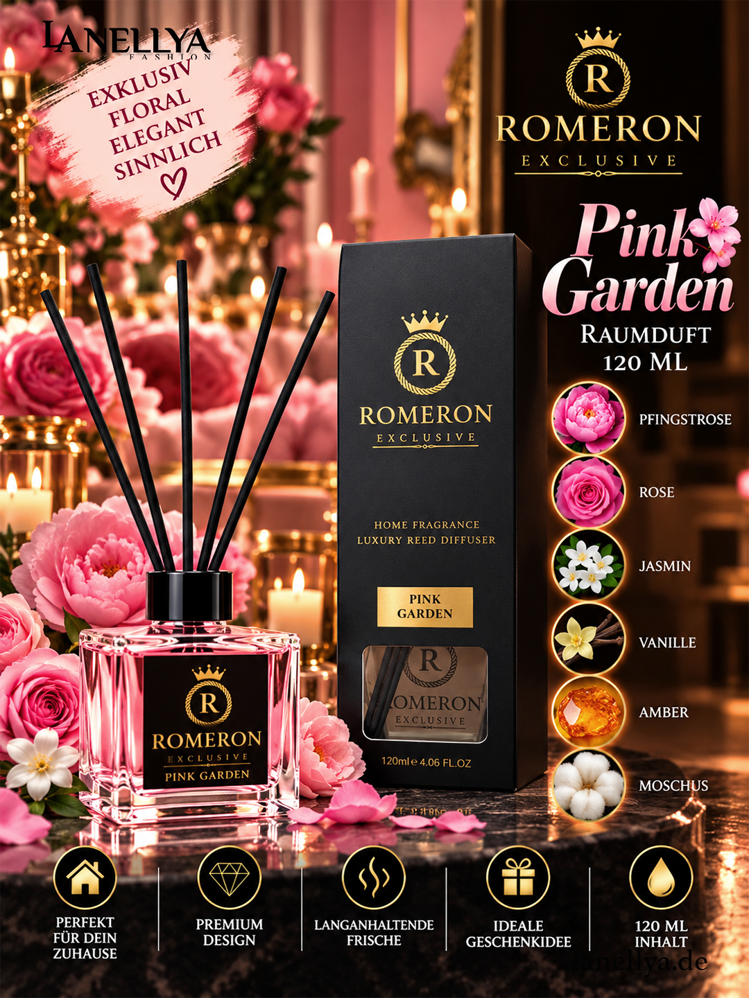 ROMERON Pink Garden Raumduft 120 ml – Luxury Reed Diffuser