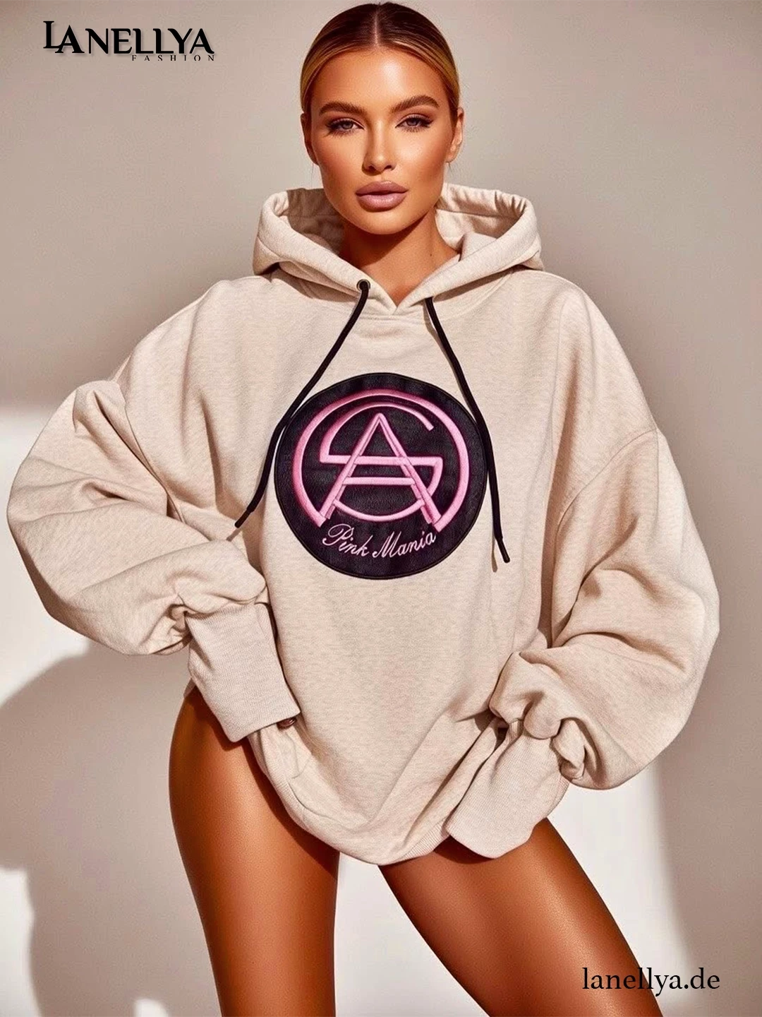Pink Mania Damen Sweatshirt Beige Oversize Hoodie mit Logo Print