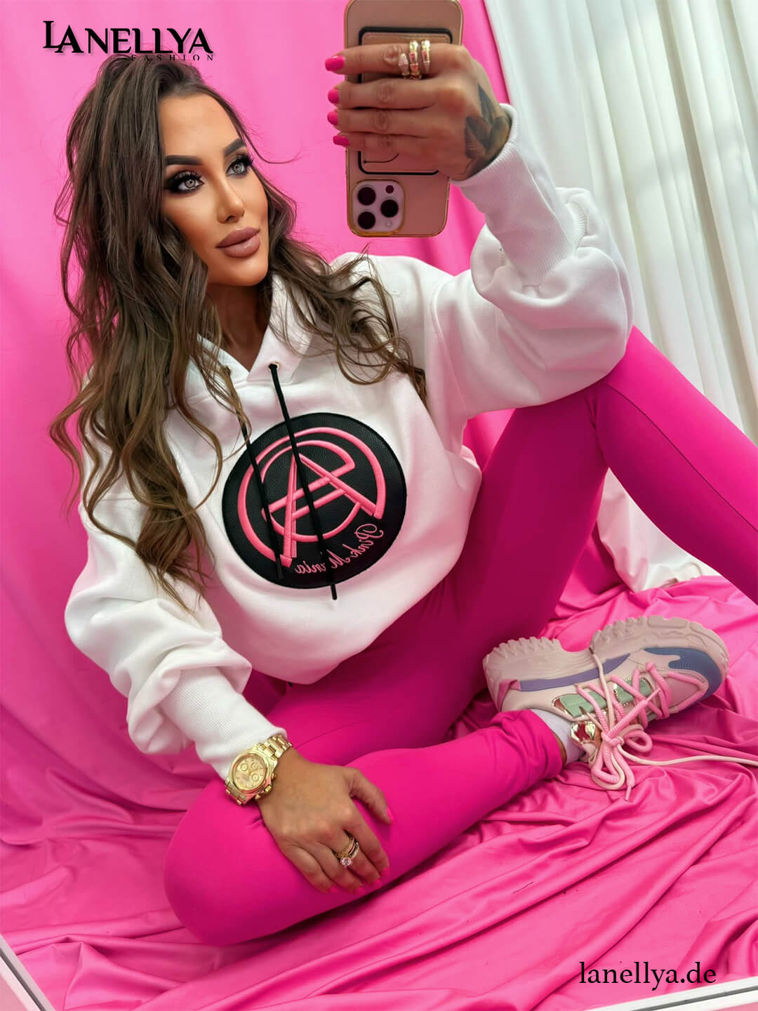 Pink Mania Damen Sweatshirt Weiß Oversize Hoodie mit Logo Print
