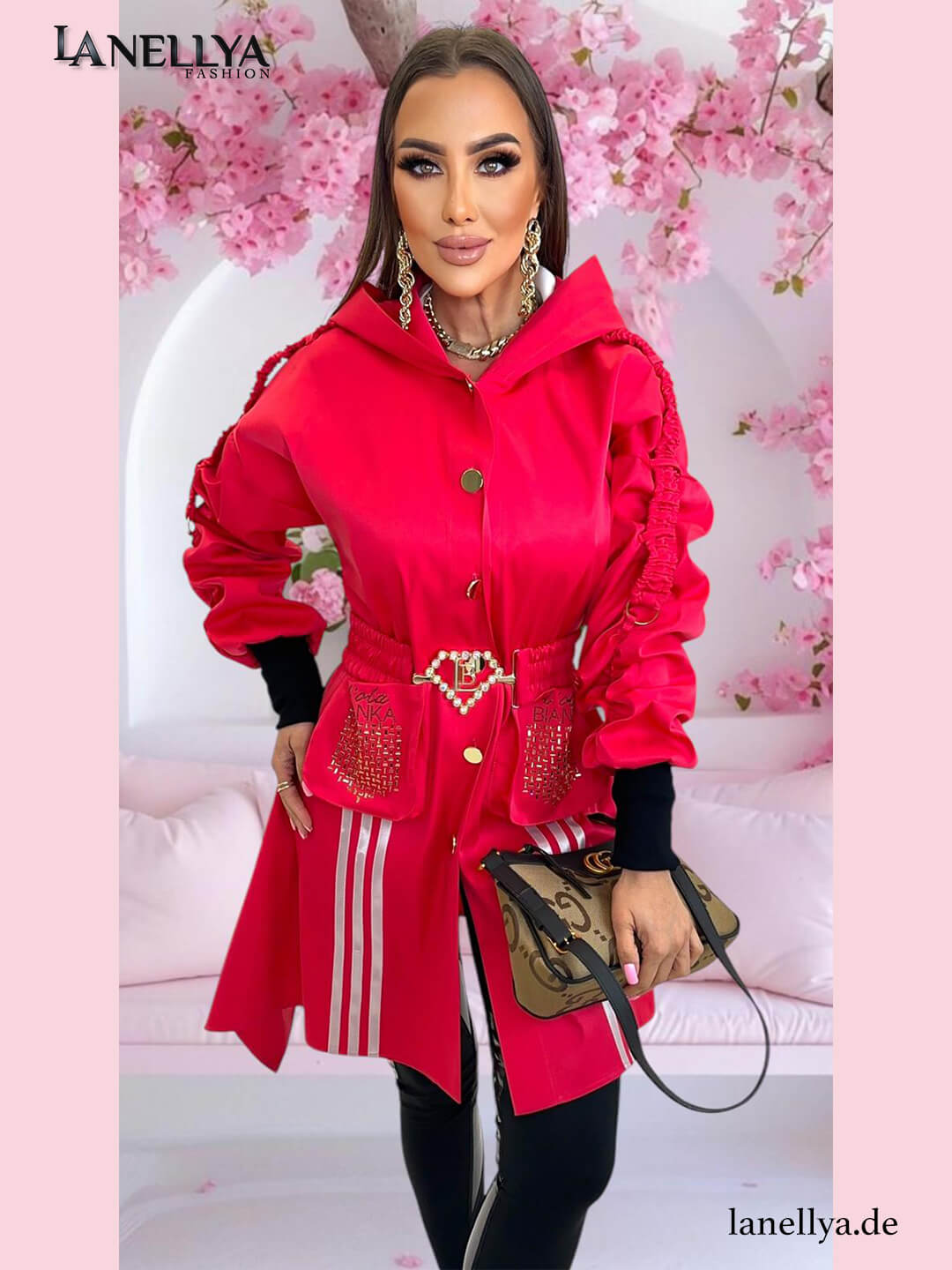 Pinker Frühlingsmantel für Damen von Lola Bianka mit Taillengürtel und Tasche