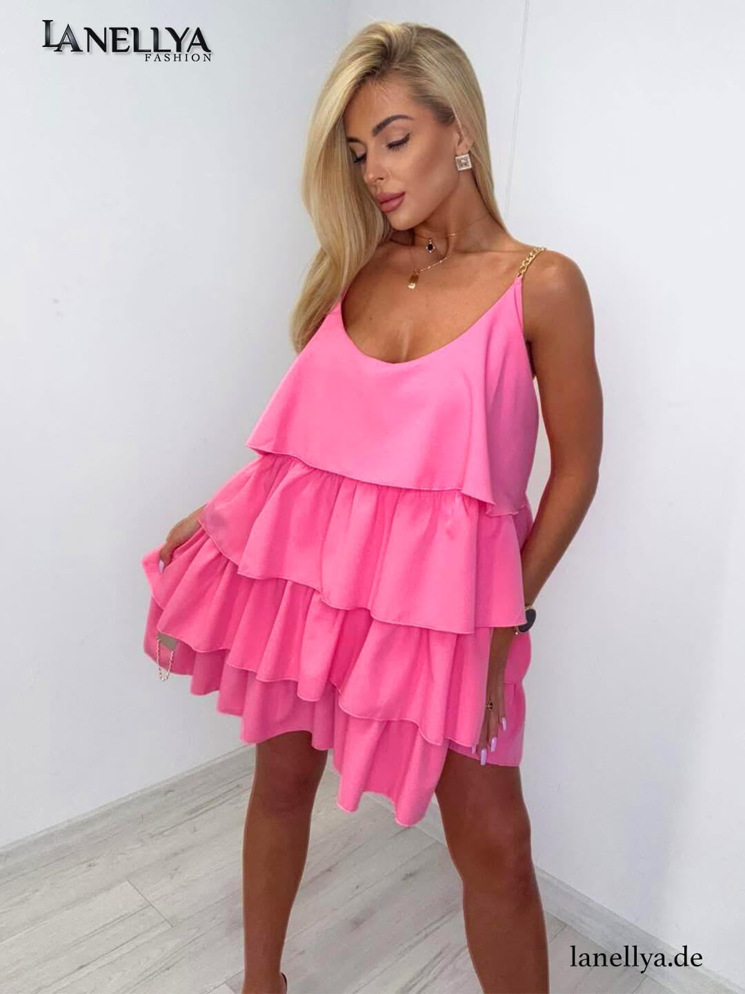 Pinkes Damen Volantkleid mit Ketten Trägern Paparazzi Fashion