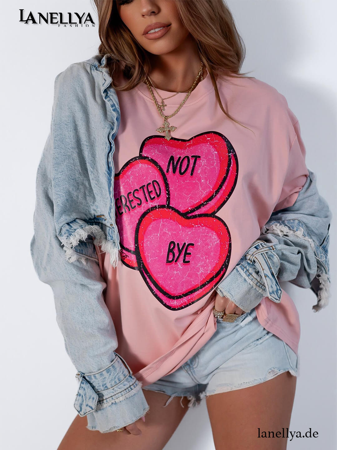 Rosa Damen T-Shirt Oversize mit Herz Motiv