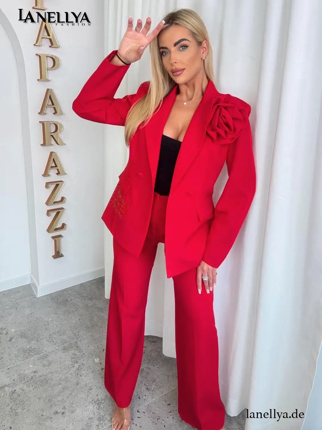 Rotes Damen Zweiteiler Set Paparazzi Blazer mit Blume