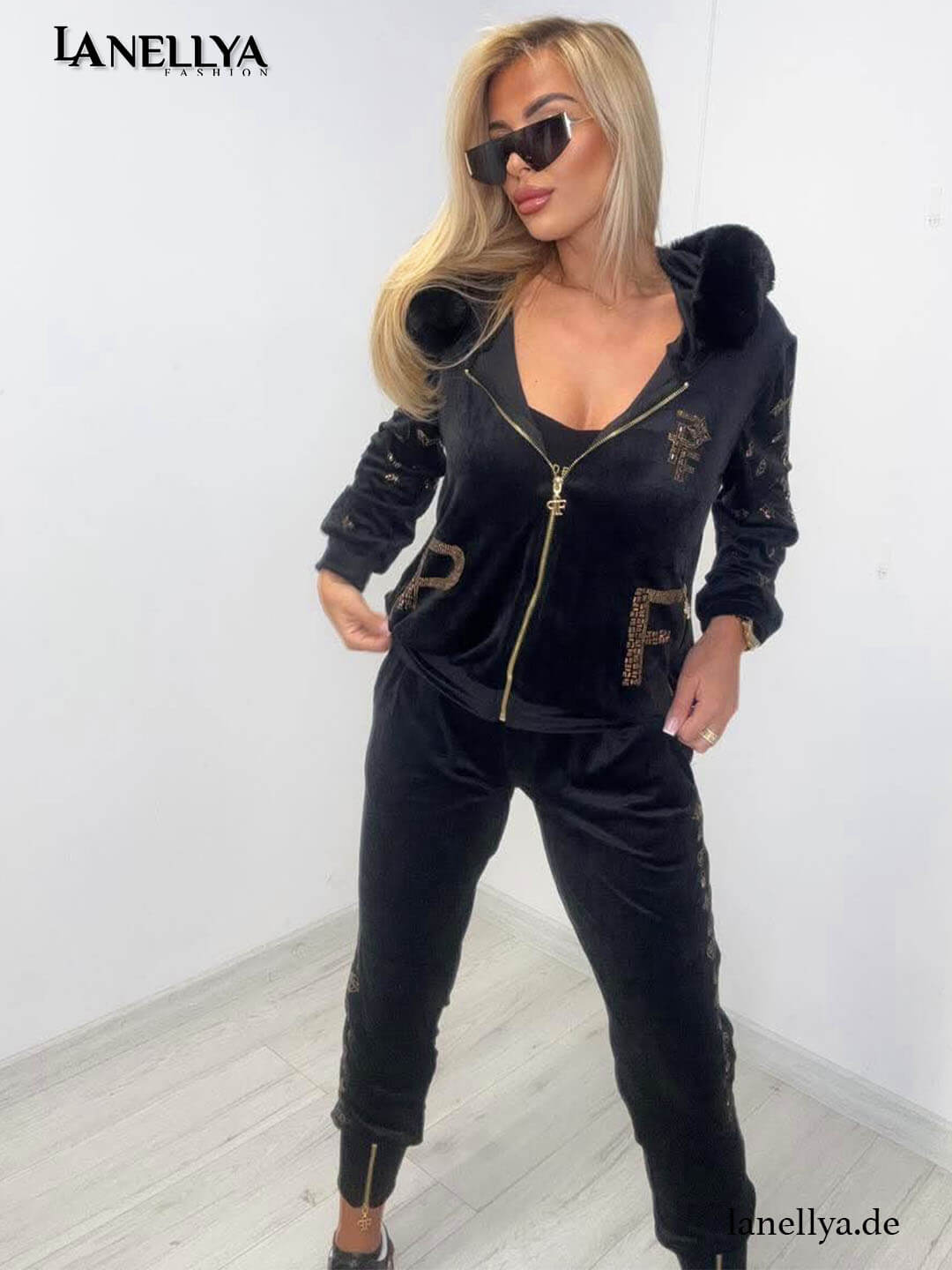 Samt Damen Komplett Set Schwarz luxuriöser Casual Look