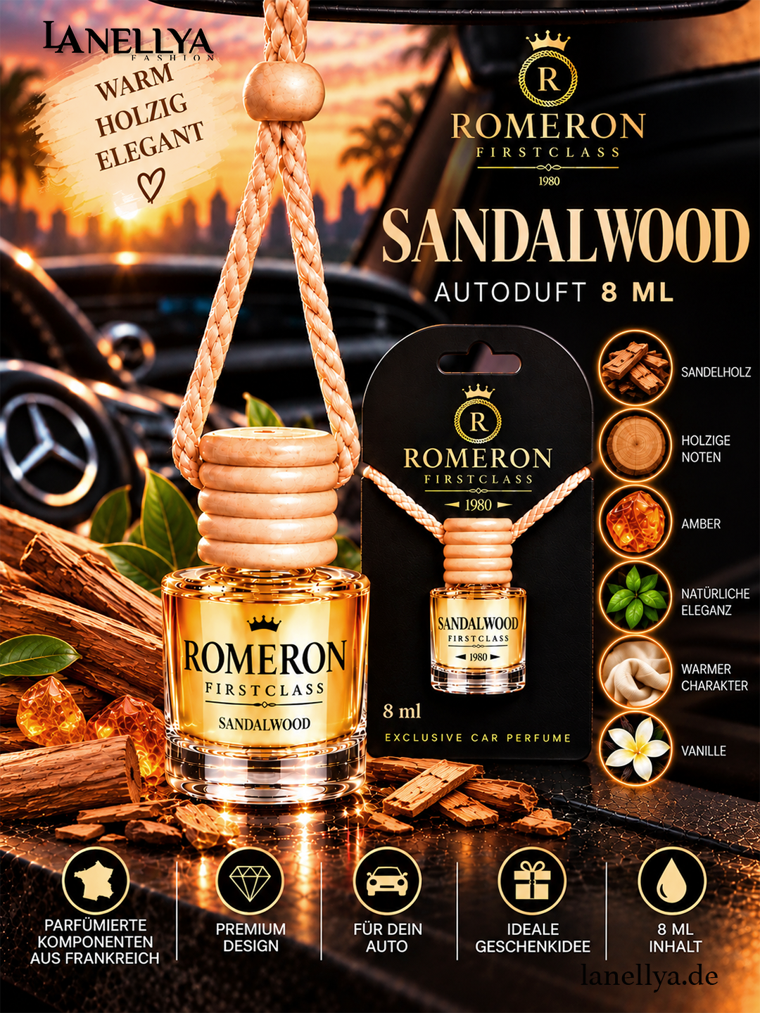 Romeron Autoduft Sandal Wood 8 ml – Holzig, Warm & Elegant