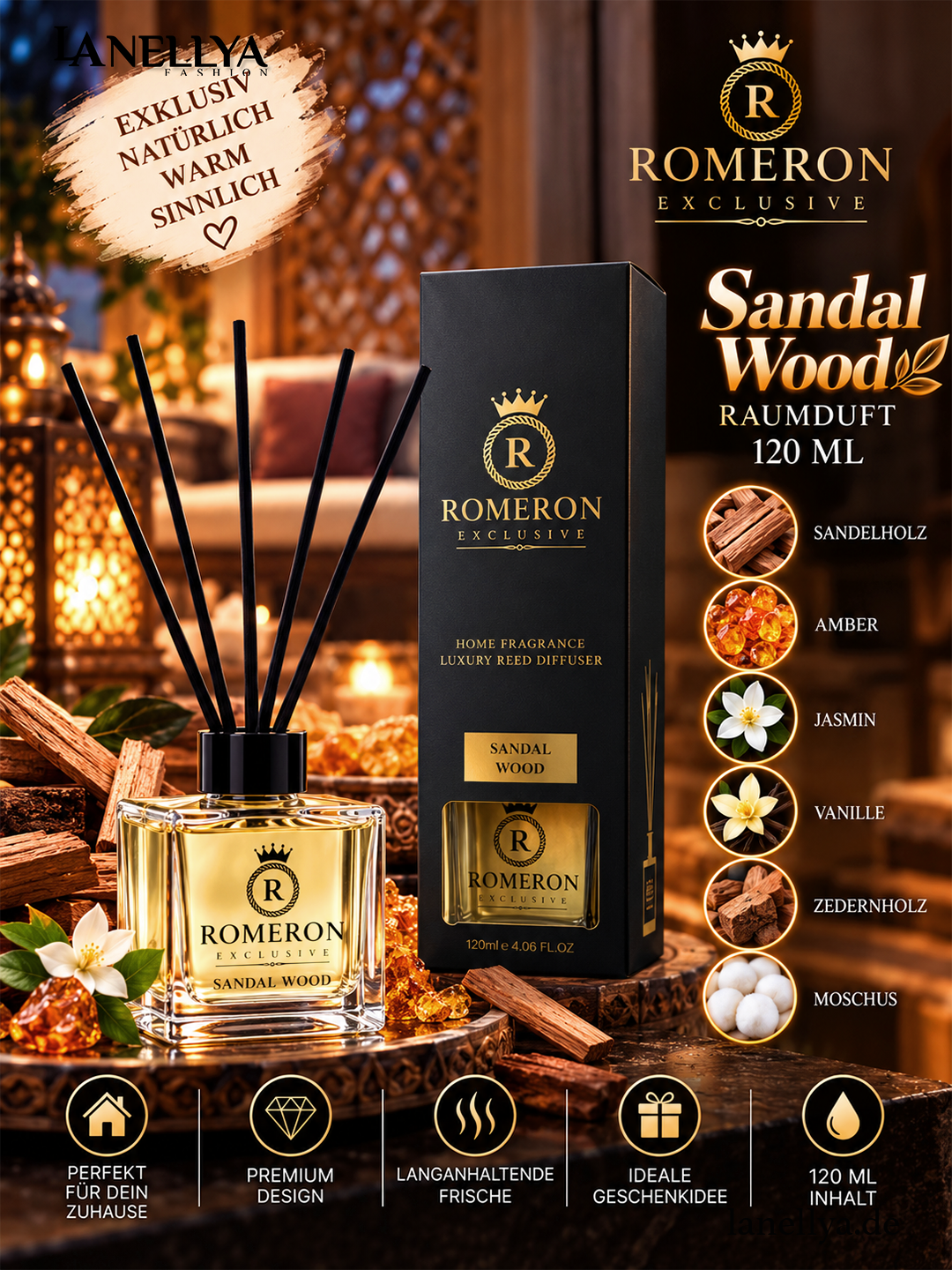 ROMERON Sandal Wood Raumduft 120 ml – Luxury Reed Diffuser