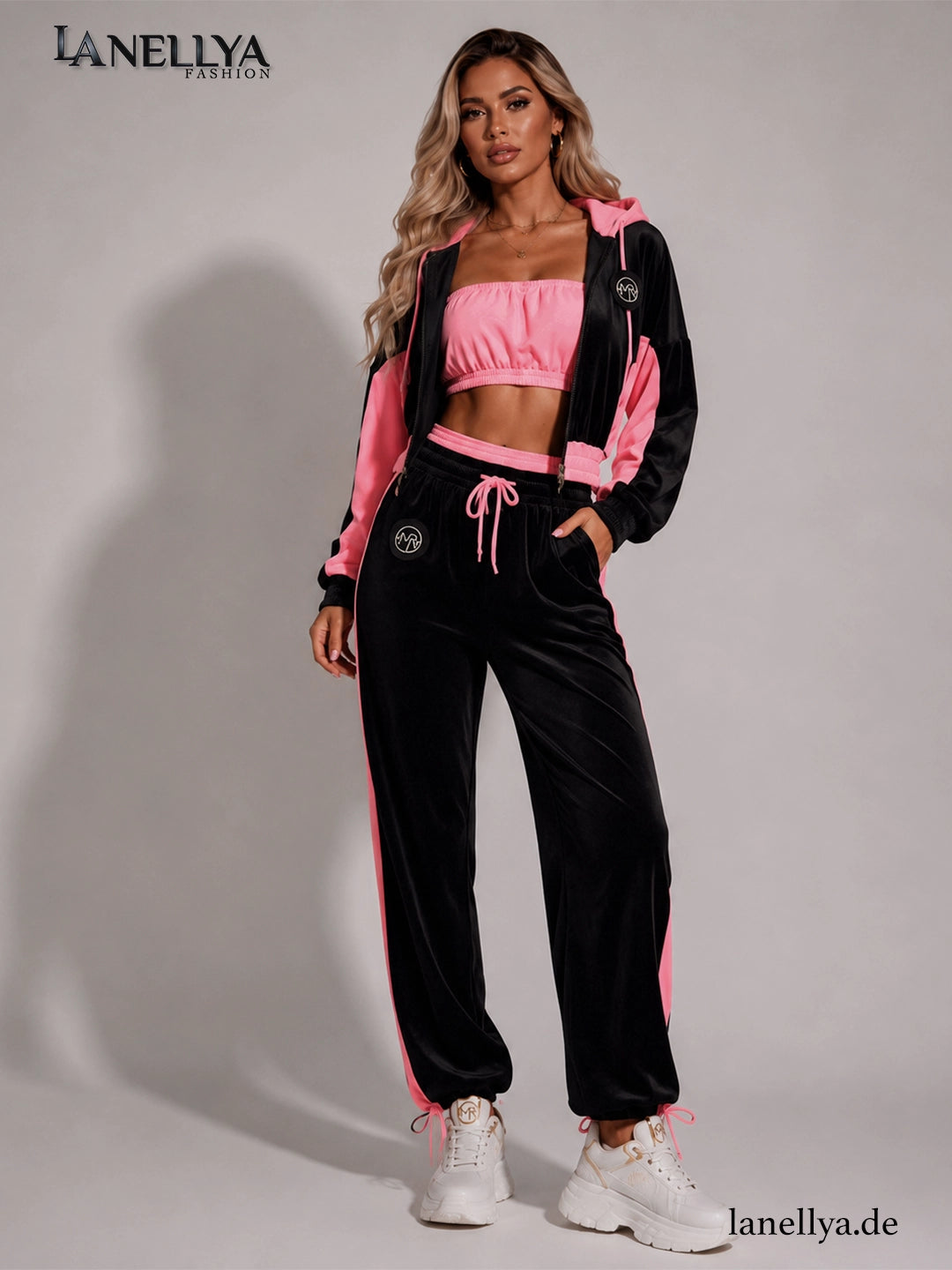 Schwarz pinkes Damen Komplett Set von Milla Rossi im edlen Samt Look