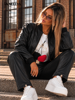 Schwarze Cherry Black Damen Kunstlederjacke mit Rippbündchen