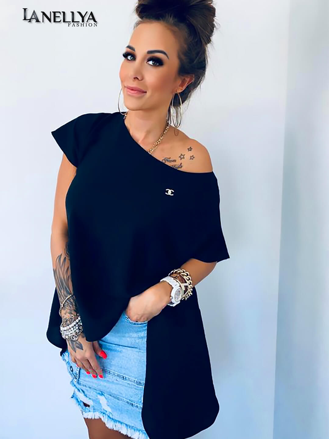 Schwarze Damen Bluse asymmetrisch elegant