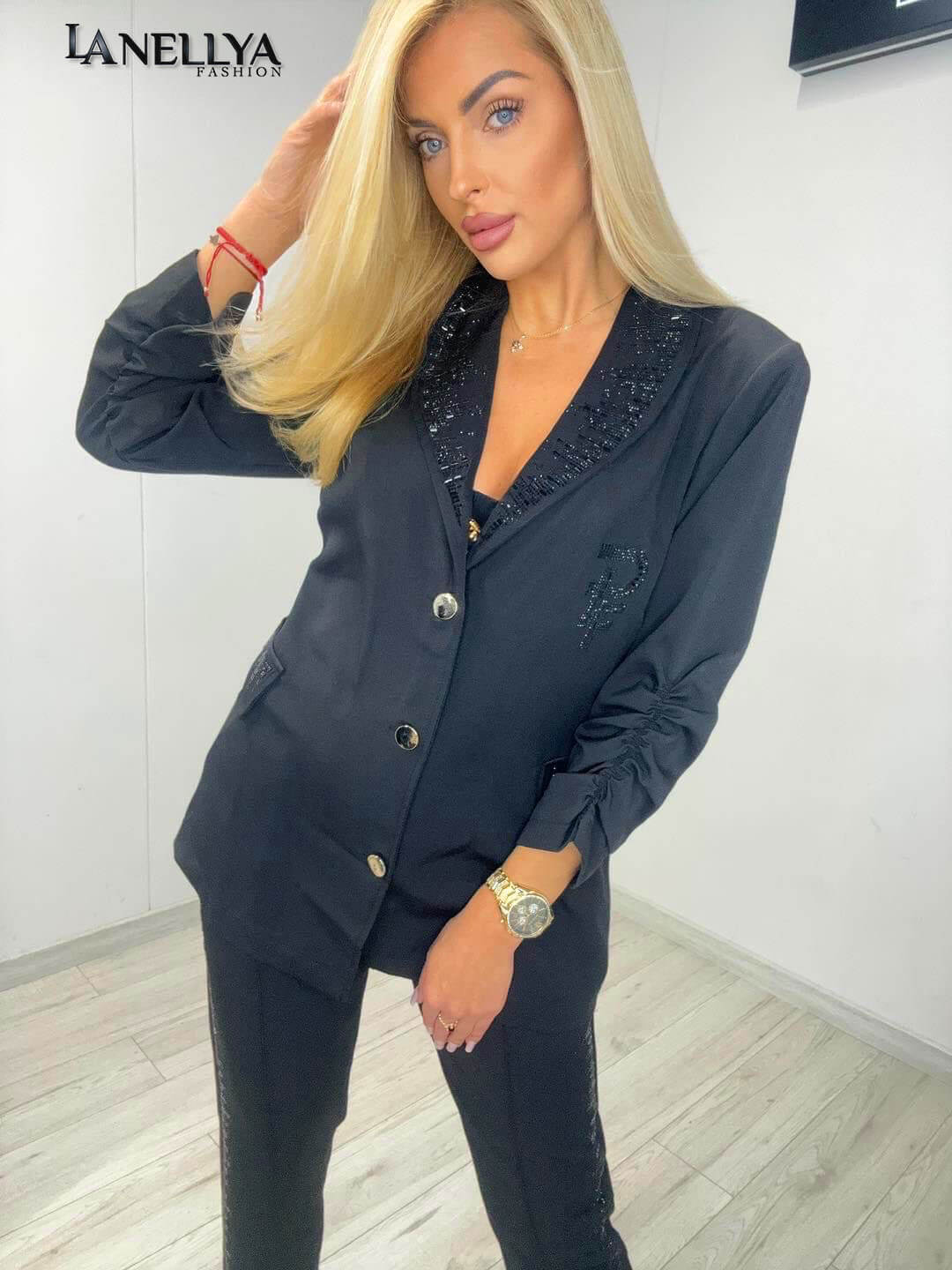 Schwarzer Damen Zweiteiler mit Glam-Details – Paparazzi Komplett Set