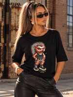Schwarzes Cherry Black Damen T-Shirt mit Igel Print und kurzen Ärmeln