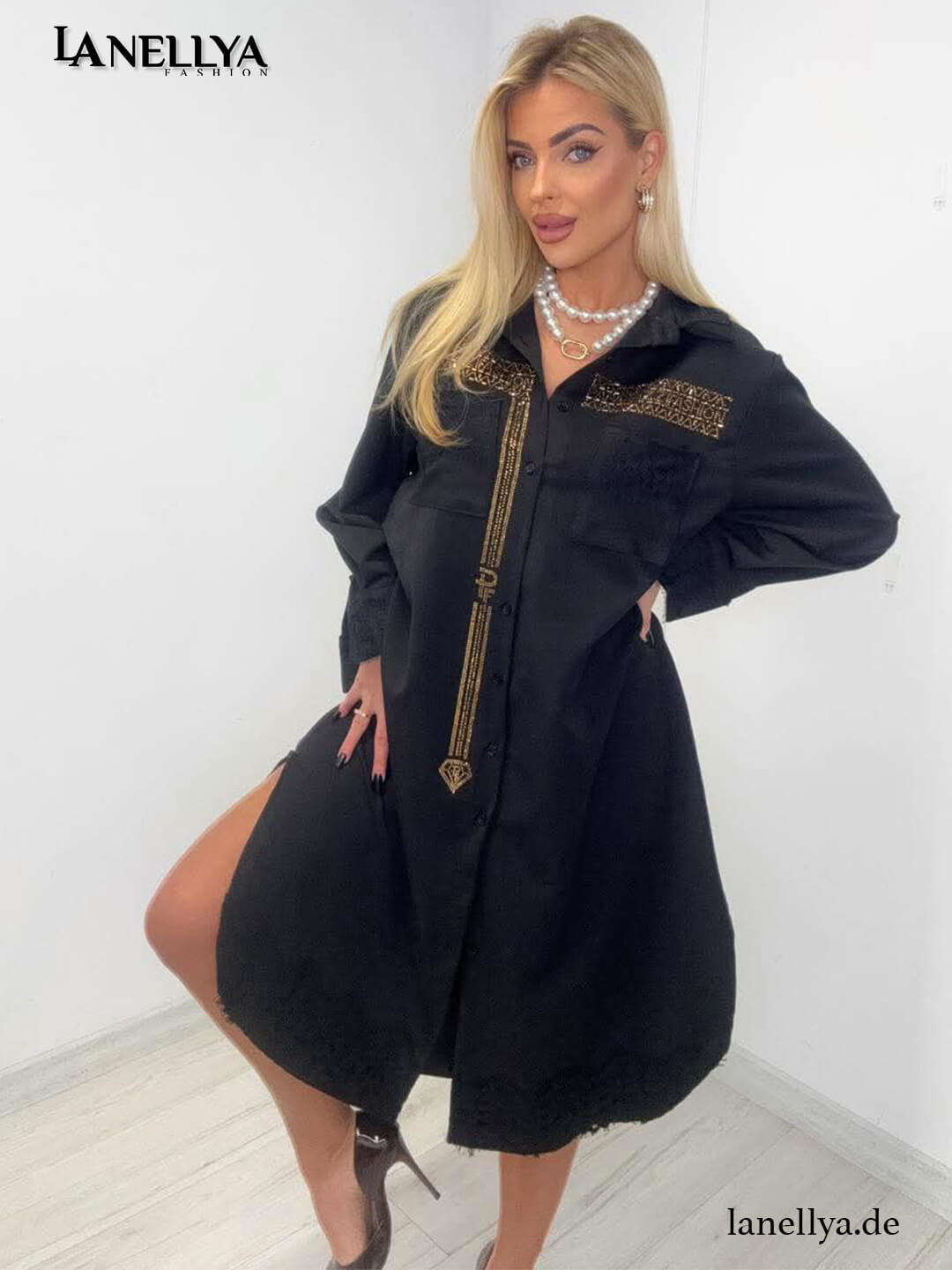 Schwarzes Damen Hemdkleid Paparazzi mit Glamour Details