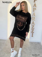 Schwarzes Damen Kleid mit Diamant Strassprint und Ketten Optik Paparazzi