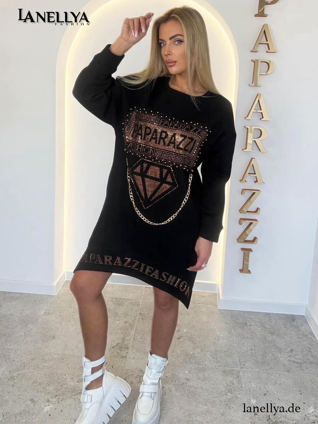 Schwarzes Damen Kleid mit Diamant Strassprint und Ketten Optik Paparazzi