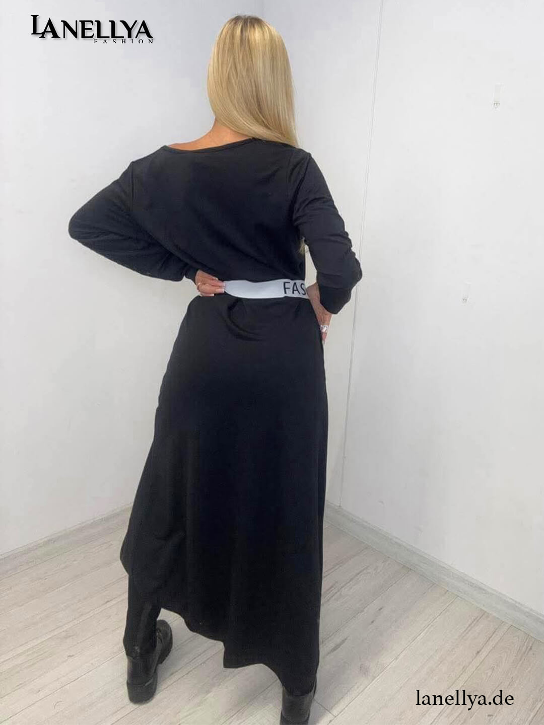 Schwarzes Damen Maxi Kleid mit V Ausschnitt und Schlitz