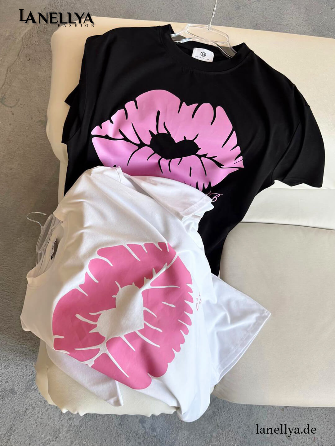 Schwarzes Damen Oversize T-Shirt mit rosa Lippen Print