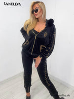 Schwarzes Damen Samt Set Paparazzi mit Fellkragen und Hose