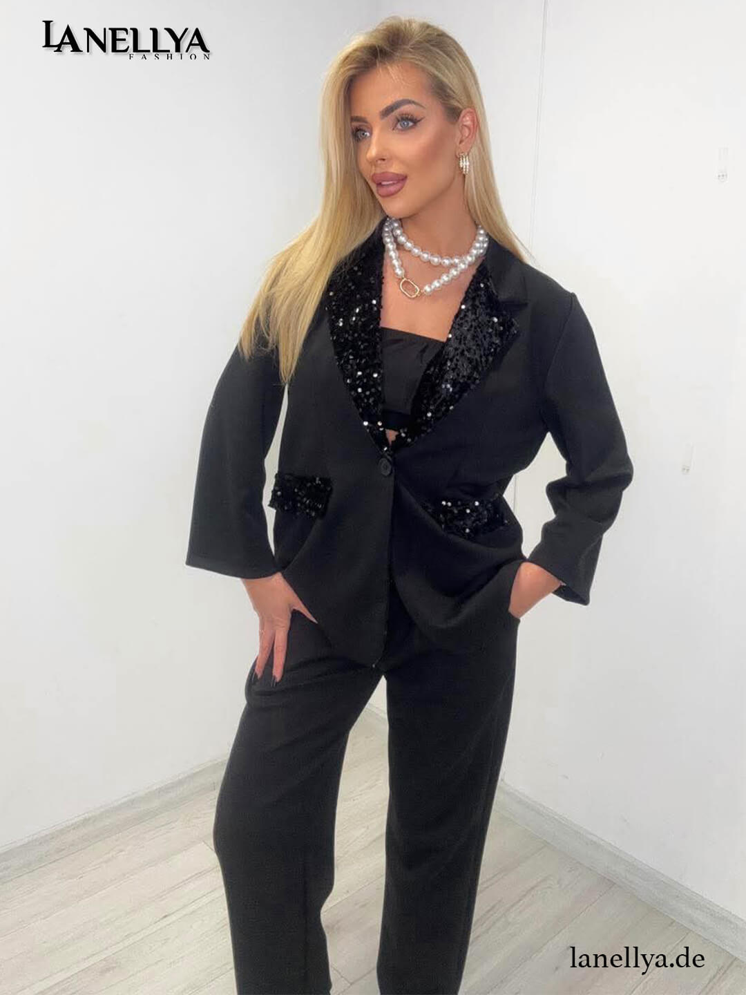 Schwarzes Damen Zweiteiler Set mit Pailletten Blazer Paparazzi
