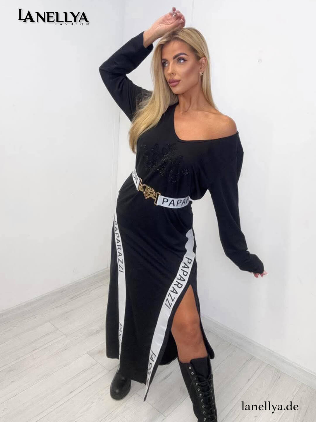 Schwarzes Maxi Kleid Damen mit Logo Taftbändern Paparazzi