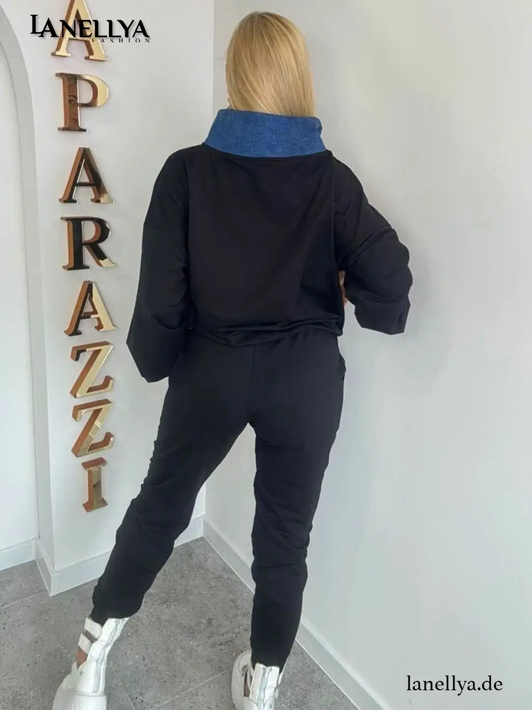 Sportlich elegantes Damen Set Schwarz Paparazzi Jogginganzug Outfit