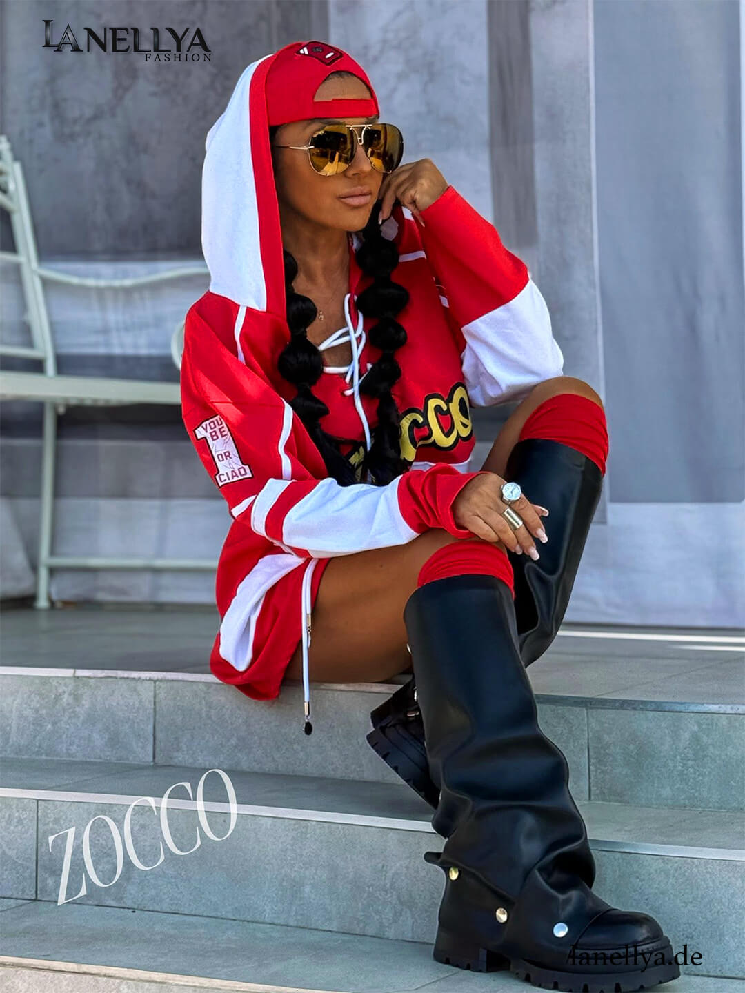 Sweatshirt Kleid Damen rot weiß sportlich im Streetstyle Look