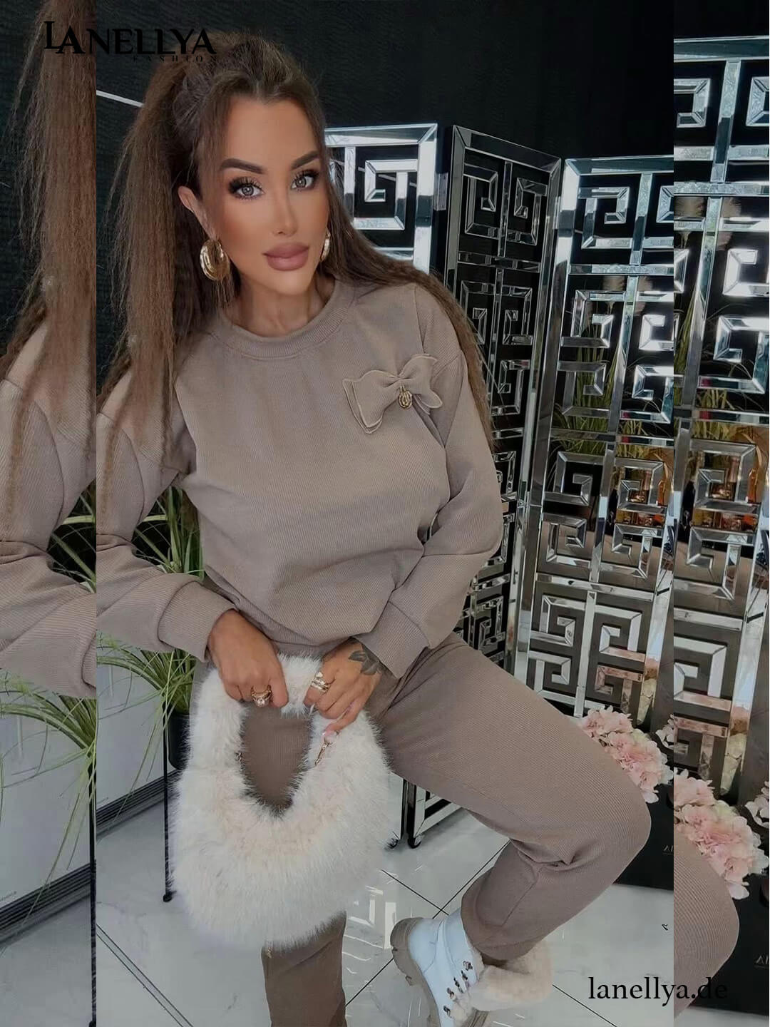Taupe Damen Loungewear Set mit Zierblume Lola Bianka