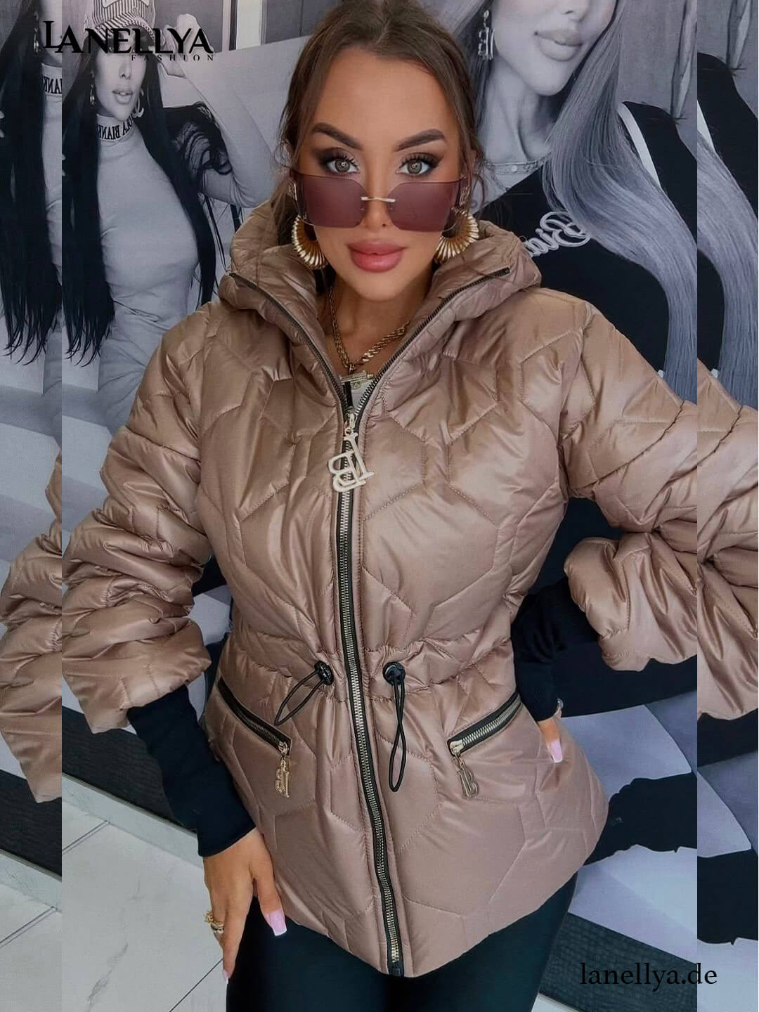 Taupe Damen Steppjacke mit Kapuze Lola Bianka