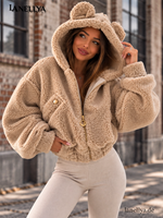 Vasari Teddy Jacke Damen Beige mit Ohren Kapuze und Gummizug