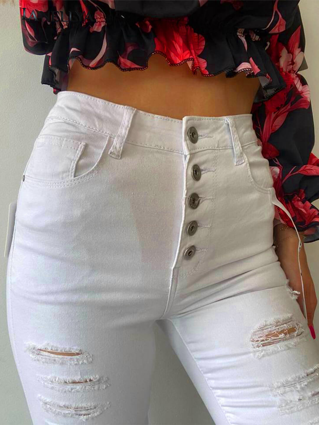 Weiße High Waist Jeans mit Knopfleiste für Damen