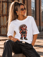 Weißes Cherry Black Damen T-Shirt mit Igel Motiv und kurzen Ärmeln