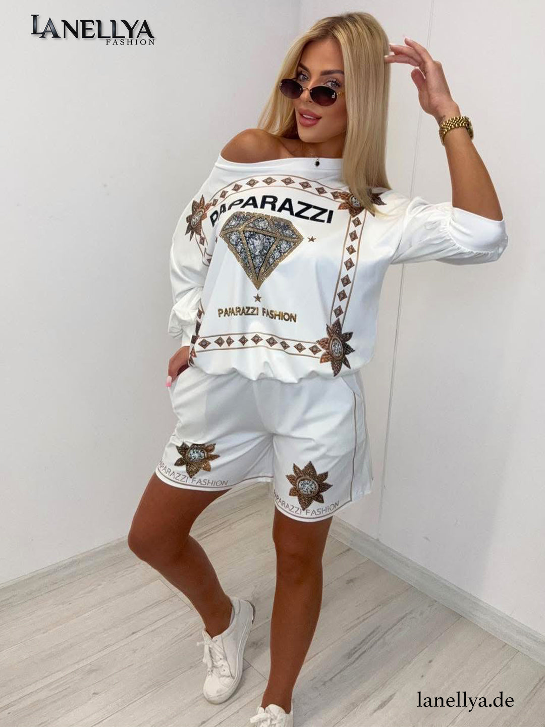 Weißes Damen Set mit Glamour Diamant Print Paparazzi