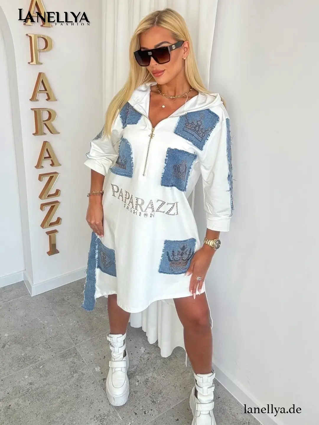 Weißes Hoodie Kleid Damen mit Jeans-Details Paparazzi