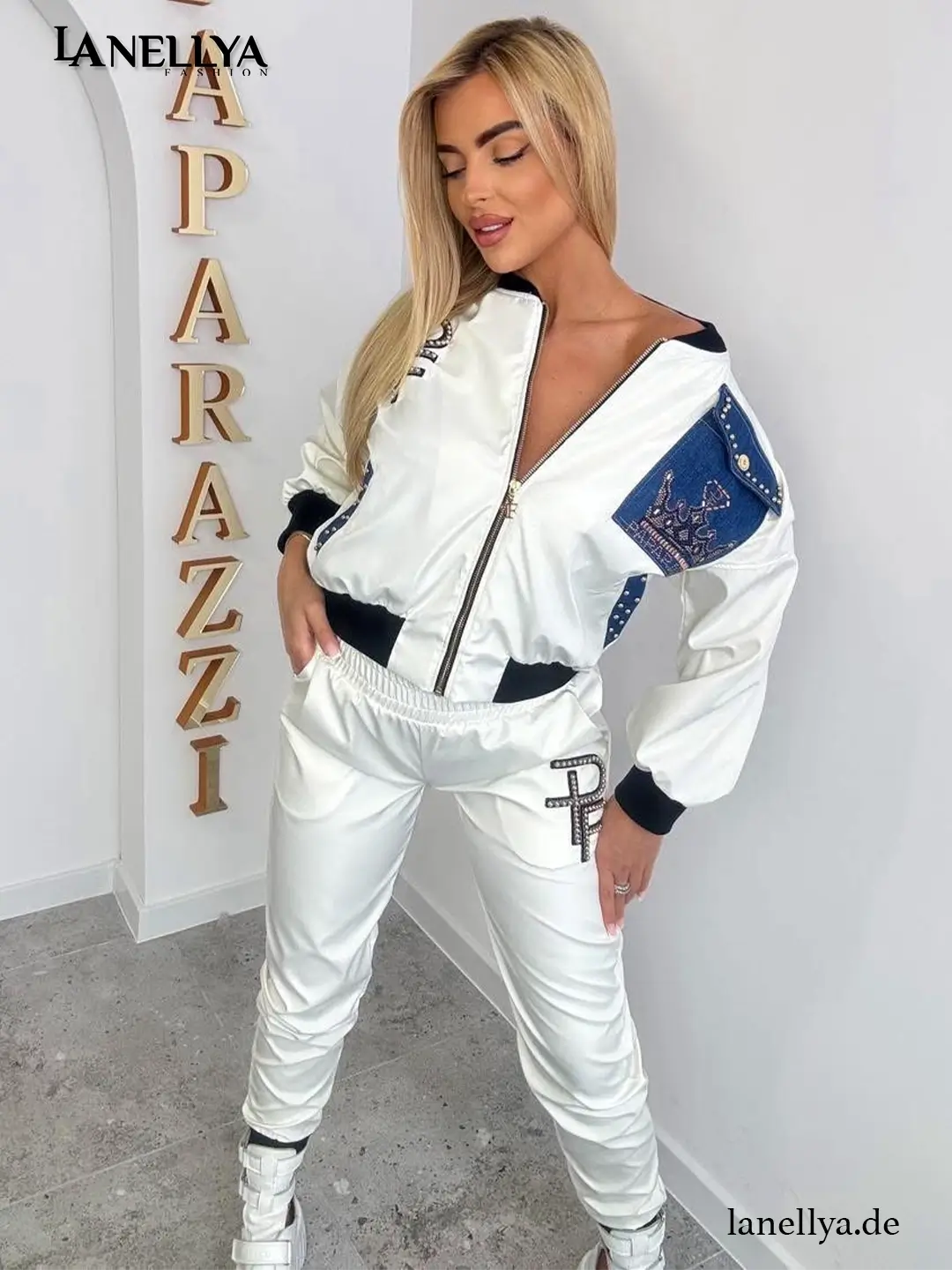 Weißer Damen Jogginganzug Paparazzi Zweiteiler modern elegant