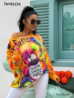 ZOCCO Damen Oversize Tunika Sweatshirt Teddy Print Gelb