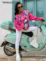 Zocco Damen Tunika Sweatshirt Pink Oversize Streetstyle Print