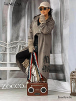 Zocco Damen Cardigan Taupe Longjacke mit Kapuze und Print