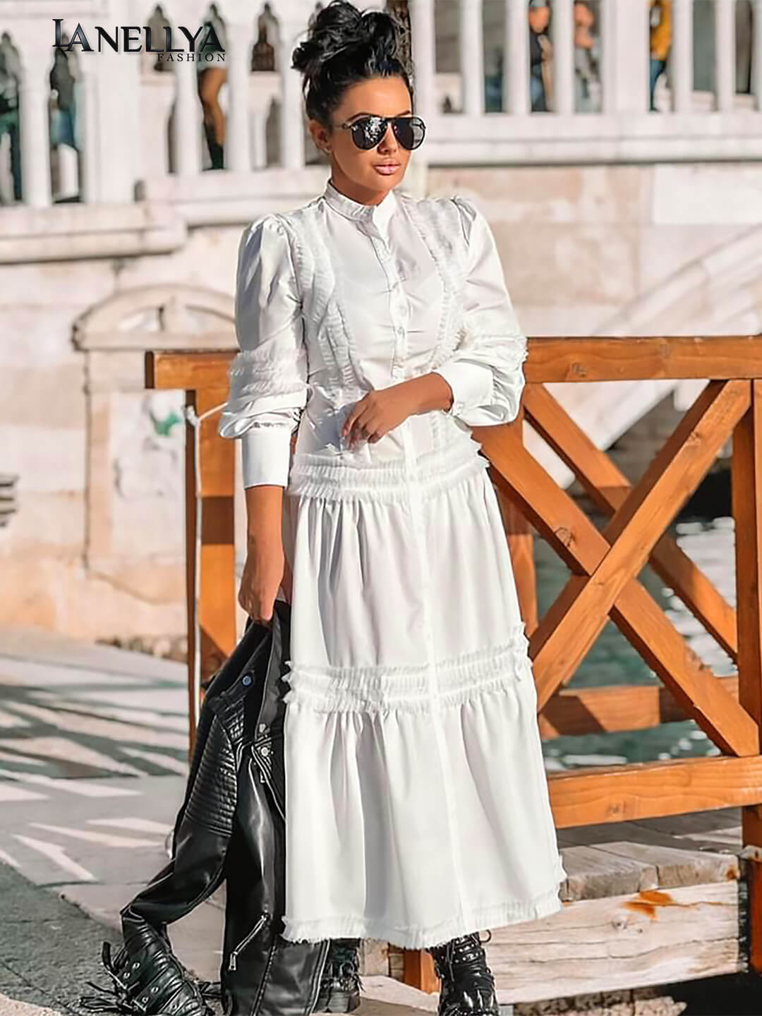 Zocco Damen Maxikleid in Weiß mit Stehkragen