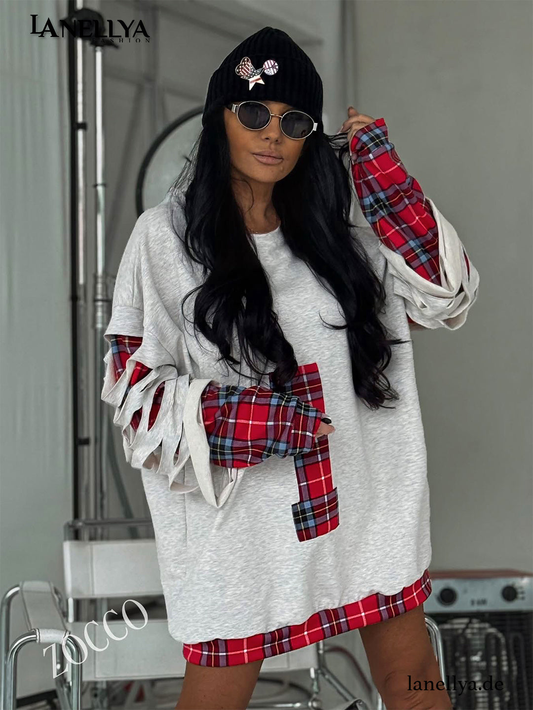 Zocco Damen Sweatshirt Grau Oversize Pullover mit Karo Details