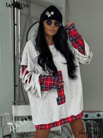 Zocco Damen Sweatshirt oversize mit Karo-Details und Fransen